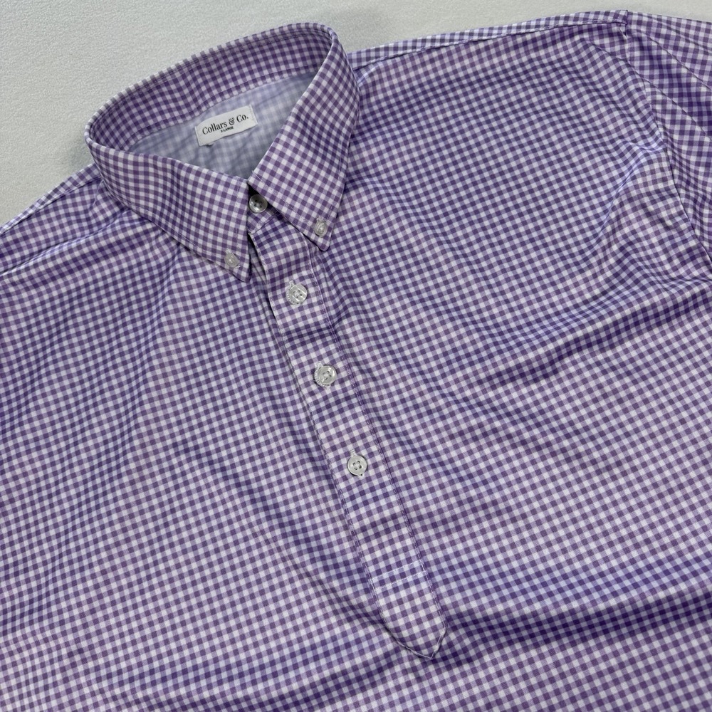 Collars & Co Mens XL Purple White Gingham Check Dress Collar Stretch Polo Shirt
